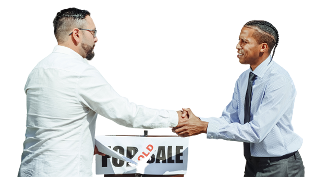 A real estate agent in a light blue shirt and tie shakes hands with 
						    a man in a white shirt, standing in front of a 'For Sale' sign with a red 'Sold' label across it, indicating a successful property transaction.