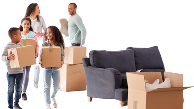 Family of five, including two parents and three children, 
				            carrying cardboard boxes into a home with a dark gray sofa and more boxes in the background.